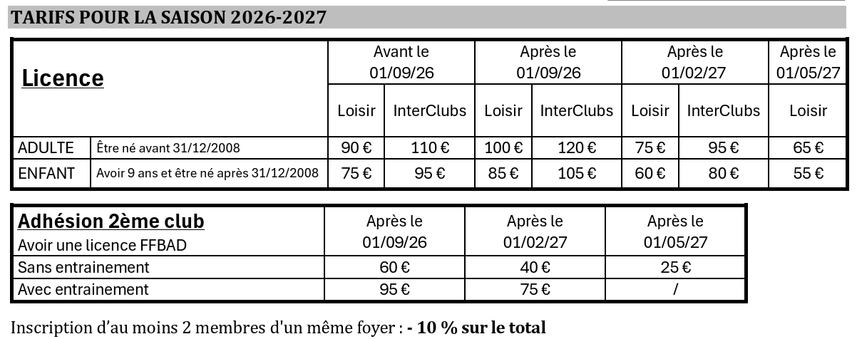 Tarifs saison 2026-2027